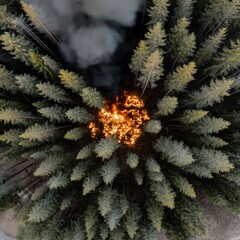 An aerial perspective showcases an active forest fire burning intensely amidst tall green trees, generating smoke plumes rising towards the sky above the coniferous woodland.