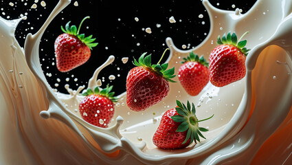 Fresh strawberries splashing into creamy milk on black background – high-speed photography with droplets and motion freeze for food and dairy product advertising.