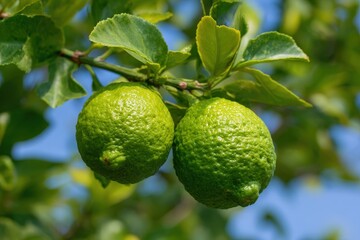 Fresh green limes on a tree branch under the sun.
