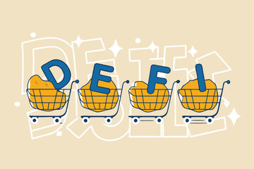 Decentralized finance, new technology using blockchain for banking, digital money or financial platform and application concept, shopping cart with alphabets DEFI on decentralized link dots pattern.