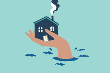 House insurance protection from disaster, safety and rescue from storm and flood, home care concept, big human hand helping house above flood water level protect from damage.