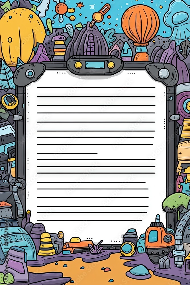 Poster a whimsical space-themed notepad with blank lines, surrounded by vibrant alien creatures and futuris