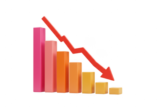 Red arrow pointing down over a bar graph on a black background showing decline isolated on transparent background - Powered by Adobe