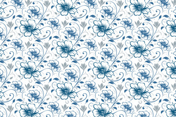 seamless floral line blue pattern, single stroke botanical sketch, abstract cotton flower outline, hand drawn modern textile art, fashion repeat fabric print, blue wallpaper