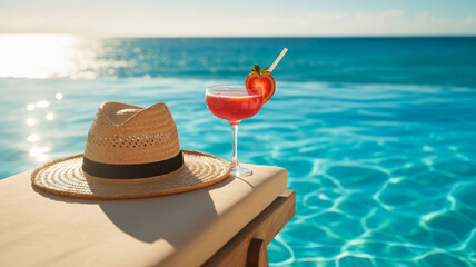 Relaxing by the pool with a refreshing cocktail and a sun hat at a tropical resort during sunset