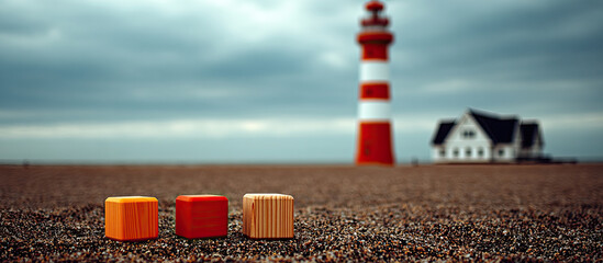 Wooden cube toy on sandy beach with lighthouse and house in background under cloudy sky