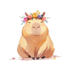Charming capybara wearing a flower crown sits peacefully on a soft surface surrounded by colorful petals during a sunny day