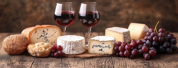 Cheese, wine, grapes, rustic table. Food pairing