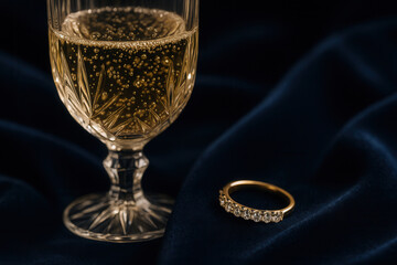 Champagne Glass and Gold Ring on Velvet Surface Close-up