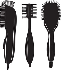 Black and White Vector Illustration of Hair Brushes: Paddle Brush, Round Brush, and Cushion Brush for Styling and Grooming Hair Care Routine