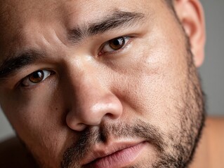 Obraz premium Beauty close-up of a chubby man with clear skin and intense gaze, minimal background, professional lighting