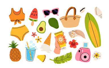 Set of summer stickers. Icons for tropical vacation. Flat vector seasonal collection with ice cream, pineapple, tropic leaves, plumeria, watermelon, surfboard, beach accessories, swimsuit