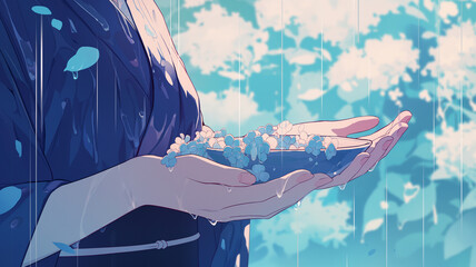 雨上がりのあじさいと少女の手のひらに咲く儚い記憶の欠片｜青い紫陽花の花びらと雨粒が彩る幻想的で繊細な世界観を描いた水彩風イラスト素材