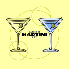 National Martini Day to celebrate on June 19th. Two martini glasses complete with olives on bright yellow background. Drink event banner.