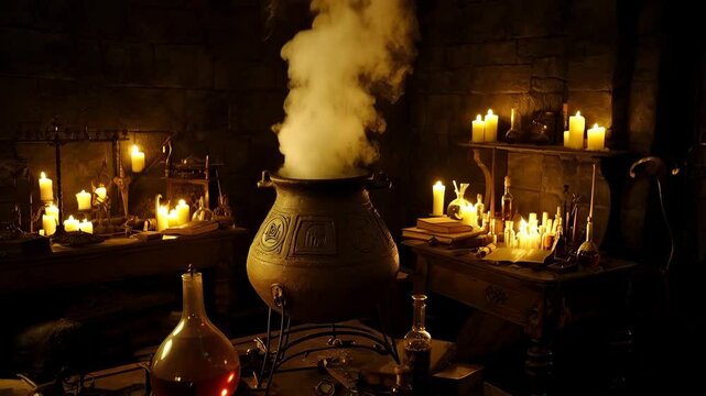 Eerie scene of a smoking cauldron surrounded by candles, potions, and old books within a dimly lit, mysterious stone chamber, generating a magical atmosphere.