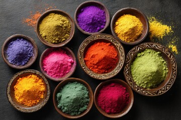 Colorful powders in wooden bowls on dark surface.