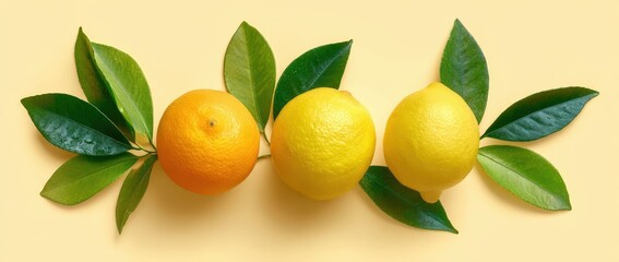 Obraz premium Fresh oranges and lemons with vibrant green leaves.