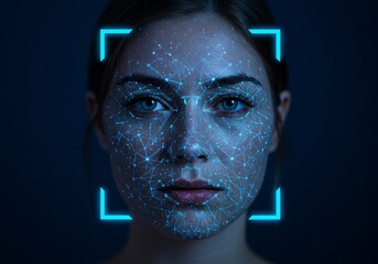 Woman's face with digital interface over her face. Facial recognition usage.