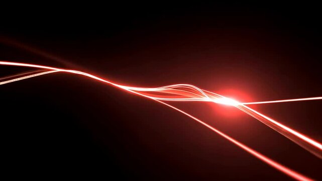 A dark background features red, glowing, parallel lines that converge to a bright point of light, creating a sense of energy