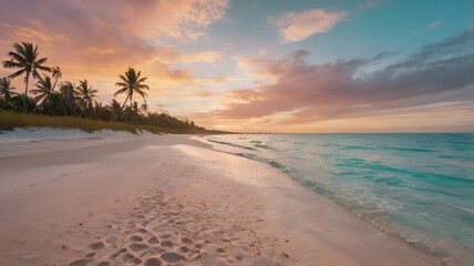 Serene Sunset Beach Scene Pink Sand, Palm Trees, and Turquoise Waters