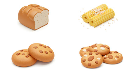 Assorted Baked Goods Featuring Bread, Pasta, and Variety of Cookies