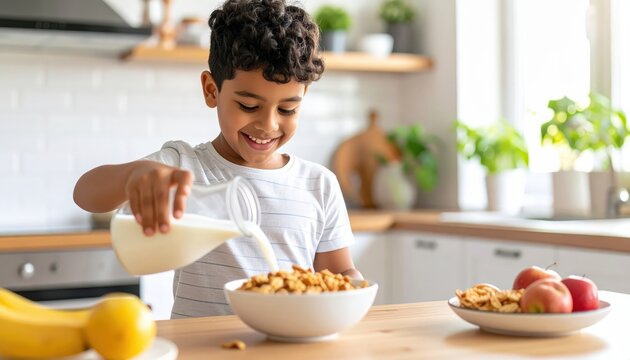 Happy young boy pou milk into bowl of cereal in bright modern kitchen with fresh fruit and plants