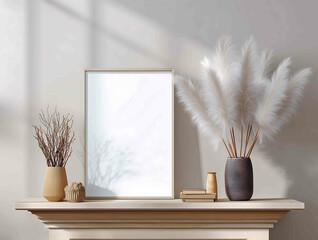 A blank poster frame on top of an elegant shelf in a mockup style with boho vibes decor blueish cold hues The color palette is beige and white with bohemian