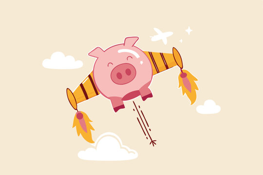 Boost financial earning or income, get rich fast or high growth investment, business opportunity or salary rising up concept, pink piggy bank with rocket booster wing flying fast high up in the sky.