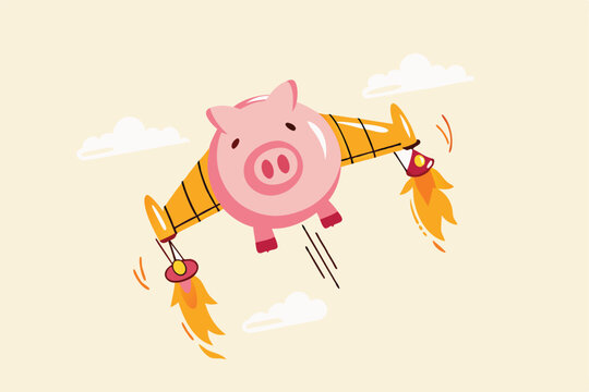 Boost financial earning or income, get rich fast or high growth investment, business opportunity or salary rising up concept, pink piggy bank with rocket booster wing flying fast high up in the sky.