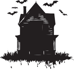 Obraz premium Haunted House Silhouette Vector Illustration: Spooky Halloween Clipart with Bats Flying Around a Creepy Victorian Mansion for Graphic Design