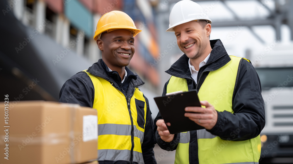 Aufkleber logistics supervisor points to cargo manifest while worker nods beside stack of crates.