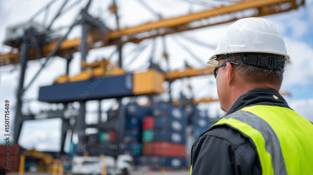 Poster crane operator watches container being lowered onto stacked rows in massive port yard.
