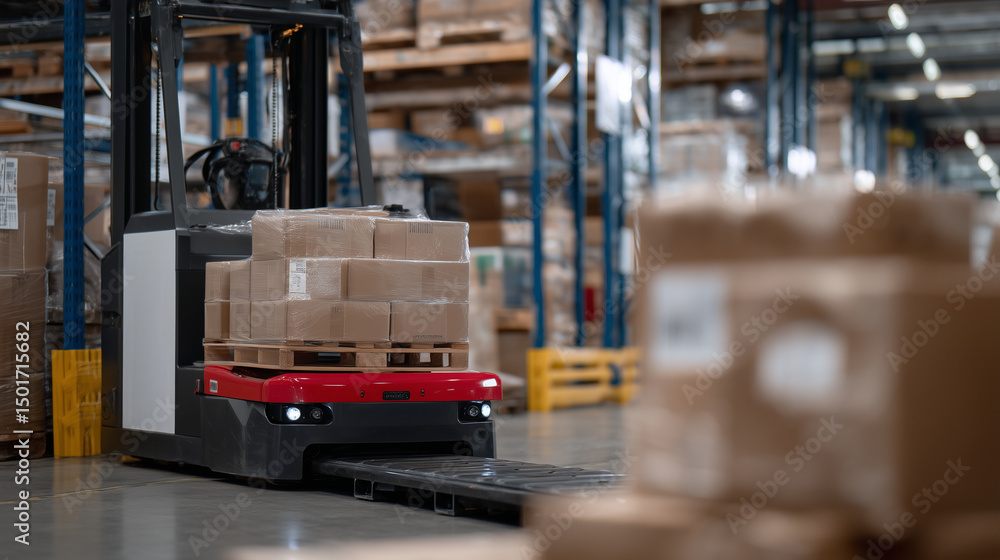 Poster warehouse loader guides automated robot carrying packages through narrow aisle.