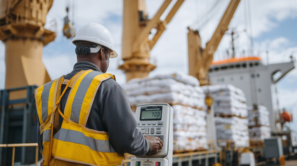 Cargo being weighed on giant scale as operator checks readings.