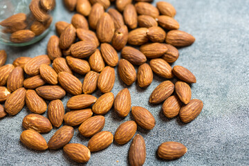 A close up overhead view of almonds