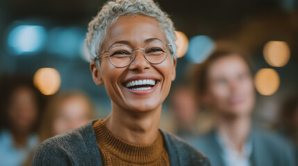 Obraz premium A close-up portrait of an attractive woman in her late thirties with short, curly hair, smiling and speaking to people at work during the day.