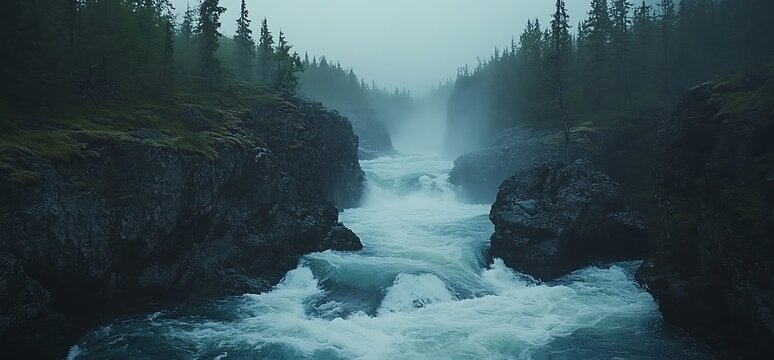 Misty River Rapids Flowing Through a Rocky Gorge in a Dense Forest