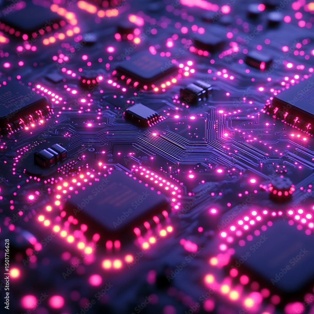 Aufkleber close up high resolution photo of a futuristic illuminated circuit board with glowing components