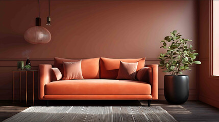 Contemporary living room with sofa and wall in 2025 trend color stylish and modern aesthetic
