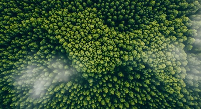 Aerial View of Lush Green Forest Canopy Nature's Dense Embrace of Trees and Clouds