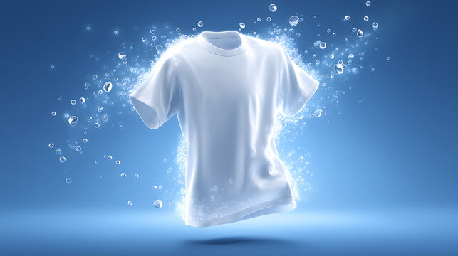 Clean and fresh white tshirt with bubbles and water vapor on blue background