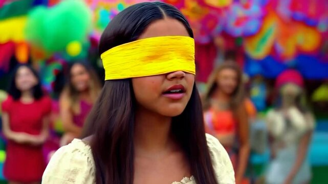 Blindfolded girl ready to hit a colorful pinata, set against a vibrant backdrop, surrounded by party guests at an outdoor celebration.
