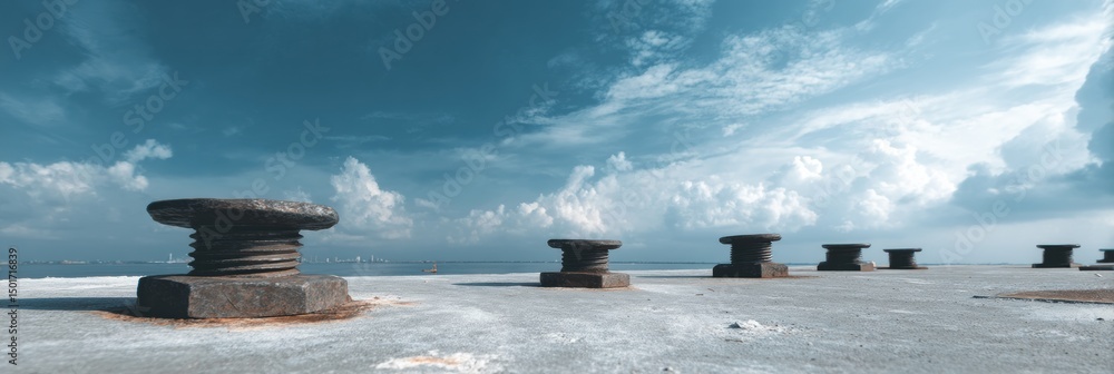 Poster Construction Anchor Bolts Arranged on a Flat Surface Under a Bright Sky With Light Clouds in the Background During Daytime