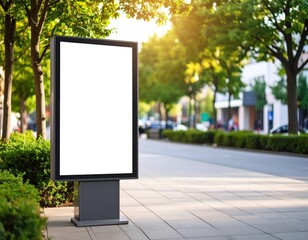 Blank Billboard on City Street with Lush Green Trees and Sunlight