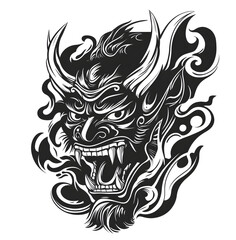 Mystical Oni Illustration: An artistic illustration, features a detailed representation of a fierce Oni, with sharp fangs and imposing horns, is set against a backdrop of dark swirls and lines.