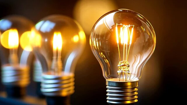 A close-up shows a row of glass lightbulbs, with the front bulb in sharp focus and glowing with warm yellow light, set against a dark backdrop
