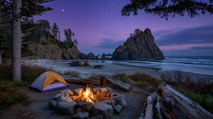 Backpackers pitch tent on remote beach, fire pit crackles while stars begin to emerge in purple sky.