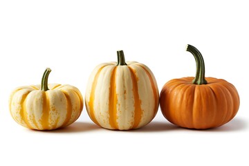 Fototapeta premium Three colorful pumpkins arranged on a white background, celebrating the Autumn season