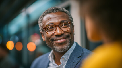 Fototapeta premium Portrait of a happy senior African American man sitting on a bus and waving his hand to friends, smiling at the camera while traveling in the city.