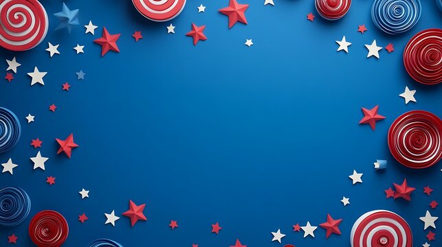 Festive patriotic design with stars and swirls.